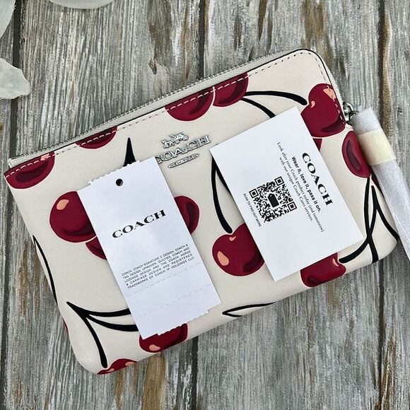 Coach Corner Zip Wristlet With Cherry Print Leather Wallet Bag Purse - Picture 6 of 7